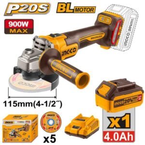 AMOLADORA ANGULAR 20V 115MM BRUSHLESS 900W MAX + BATERÍA 4.0AH + CARGADOR