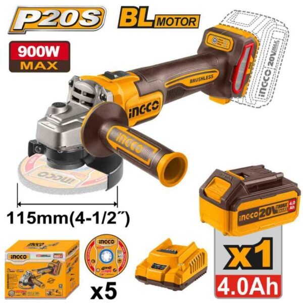 AMOLADORA ANGULAR 20V 115MM BRUSHLESS 900W MAX + BATERÍA 4.0AH + CARGADOR