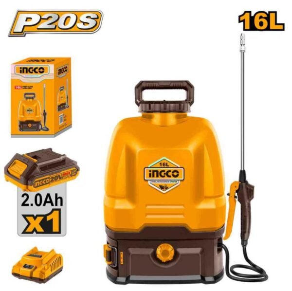 MOCHILA PULVERIZADORA INALÁMBRICA INGCO 16L + BATERÍA + CARGADOR