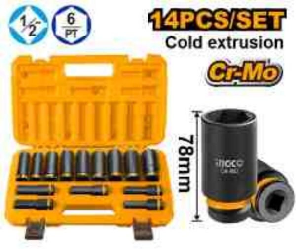 SET DE VASOS DE IMPACTO PROFUNDOS INGCO 1/2" 14 PIEZAS