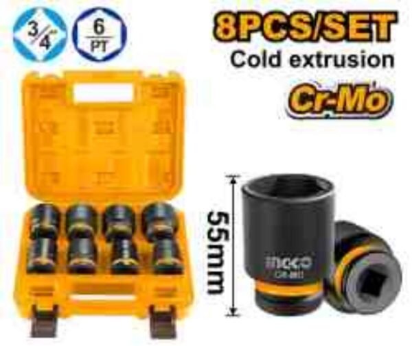 SET DE VASOS DE IMPACTO INGCO 3/4" 8 PIEZAS