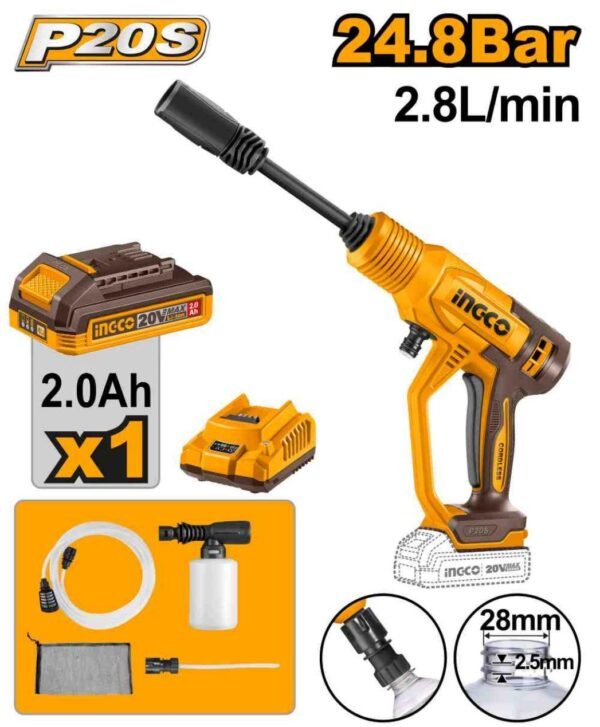 HIDROLAVADORA INALÁMBRICA INGCO 20V 24.8 BAR + BATERÍA + CARGADOR