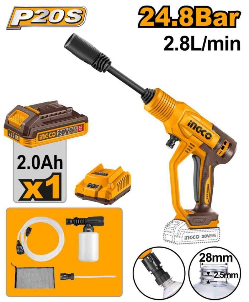 HIDROLAVADORA INALÁMBRICA INGCO 20V 24.8 BAR + BATERÍA + CARGADOR