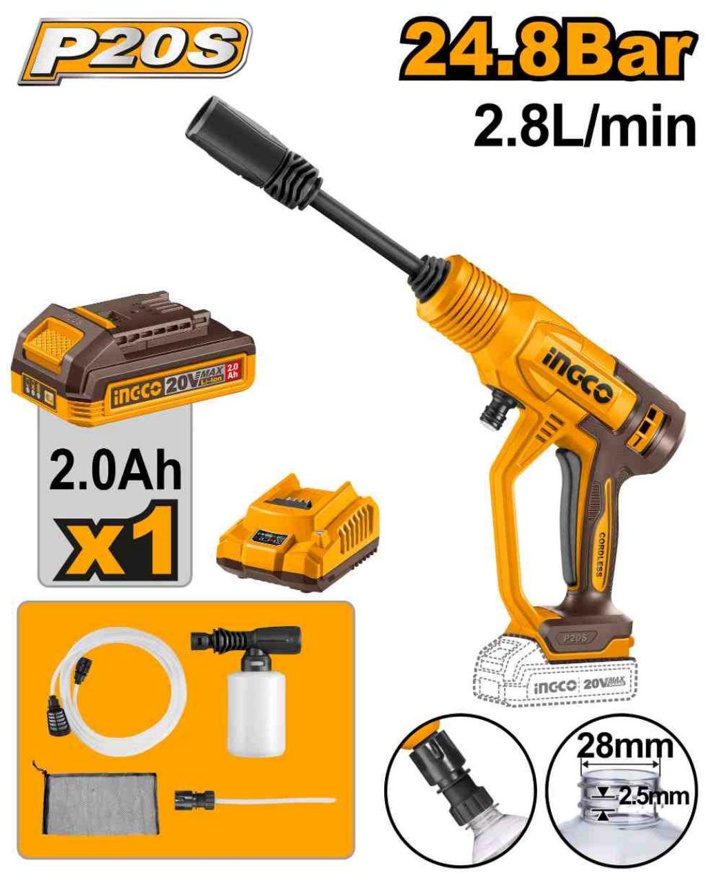 HIDROLAVADORA INALÁMBRICA INGCO 20V 24.8 BAR + BATERÍA + CARGADOR