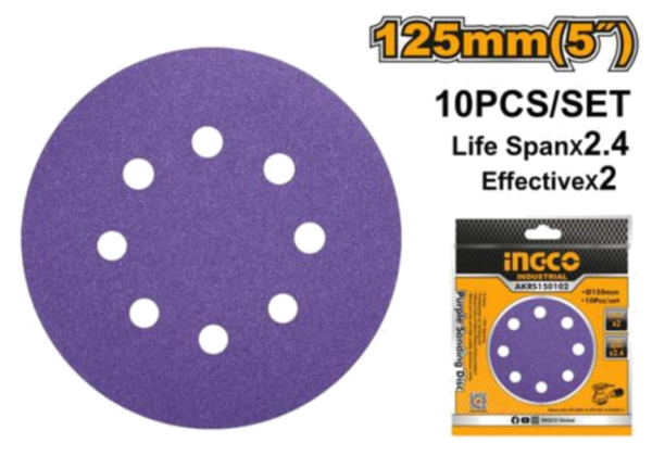 SET DE LIJAS MORADAS PARA LIJADORA ORBITAL INGCO 125 MM 10 PIEZAS