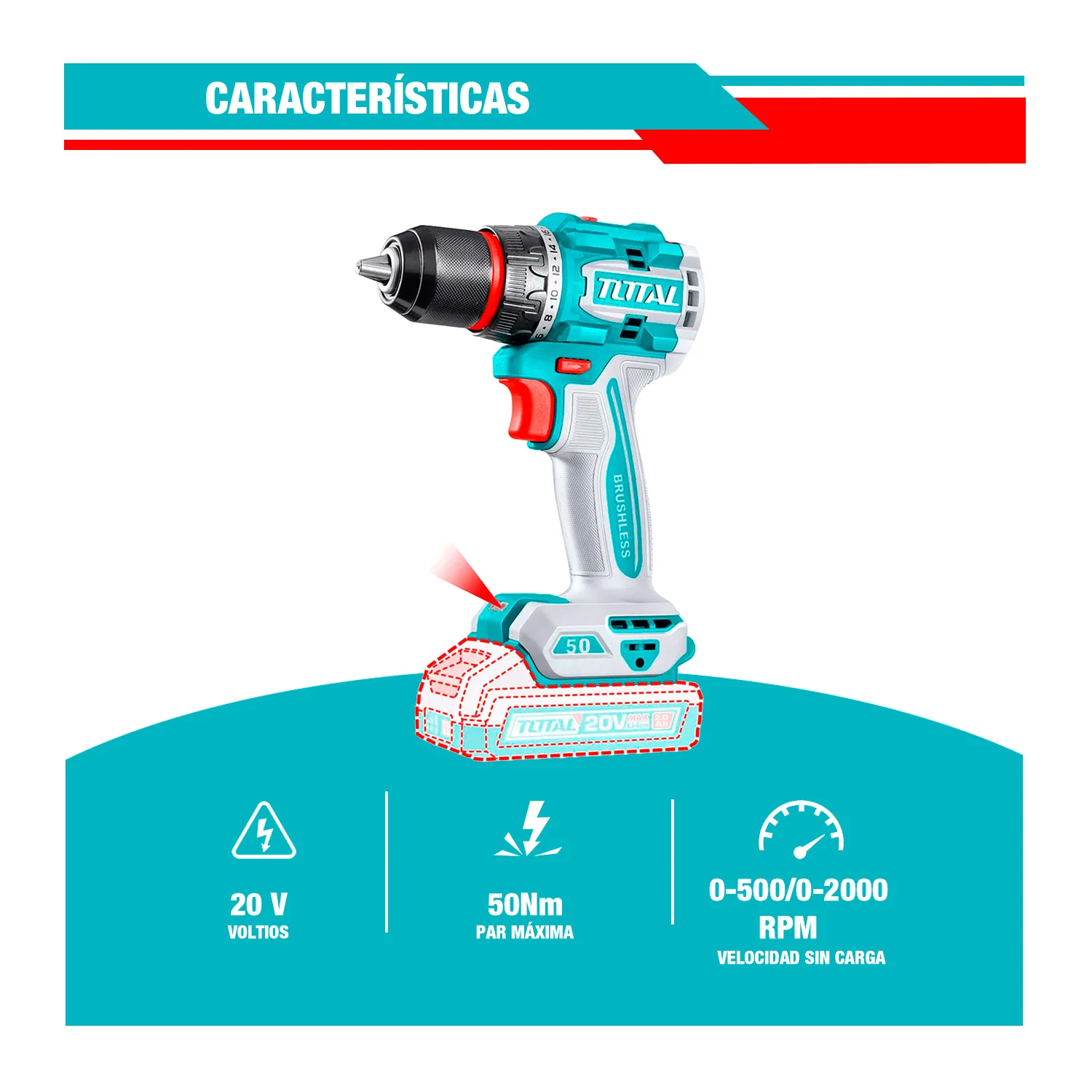ATORNILLADOR BRUSHLESS TOTAL 20V 50 N.M CON 1 BATERÍA - Image 3
