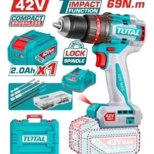 TALADRO PERCUTOR TOTAL 42V 69NM CON 1 BATERÍA 2AH Y CARGADOR