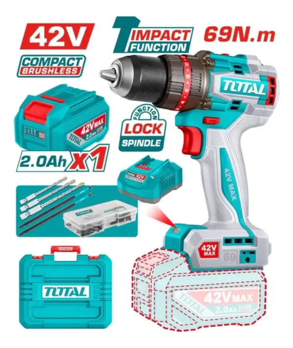 TALADRO PERCUTOR TOTAL 42V 69NM CON 1 BATERÍA 2AH Y CARGADOR