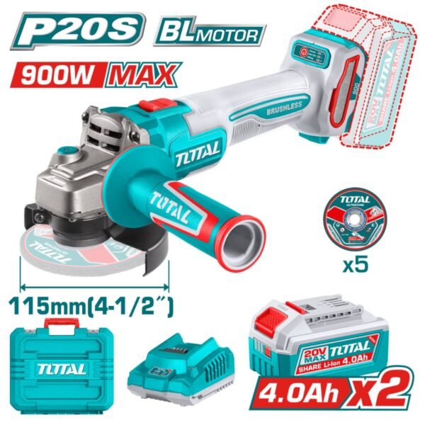 AMOLADORA BRUSHLESS TOTAL 115 MM CON 2 BATERÍAS Y MALETÍN
