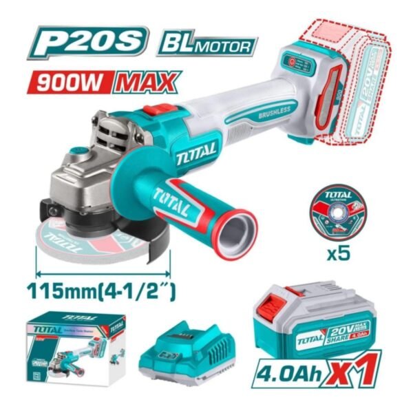AMOLADORA BRUSHLESS TOTAL 115 MM CON BATERÍA Y CARGADOR